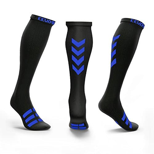Compression Socks Women & Men Knee High Graduated Gradient 20-30mmHg for Athletic, Nurses, Running, Flight, Edema, Diabetic, Varicose Veins by KKUP2U, Arrow Pattern Blue/Black XL