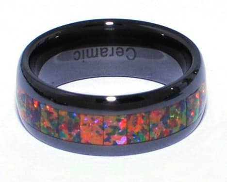 8mm Precious Opal Black Ceramic Ring with Red Inlays That Flashes with Orange, Red, and Slight Green Fire (11)