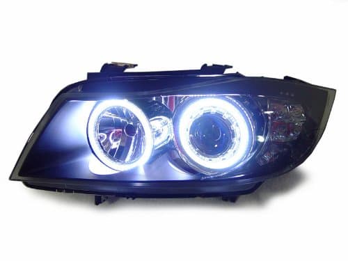 E90 / E91 PROJECTOR BLACK HEADLIGHTS WITH ULTRA BRIGHT ANGEL EYES - AMBER LED TURN SIGNALS - 2006-2008