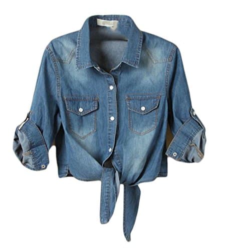 Sweatwater Women's Casual Tie Front Shawl Button Front Short Denim Jacket Dark Blue X-Large