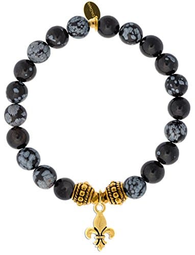 EvaDane Natural Snowflake Obsidian Gemstone Rope Bead Fleur de Lis Charm Stretch Bracelet