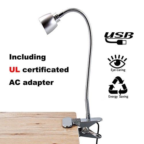 FOCUSAIRY Reading Light Lamp, Night Book Light, Energy-Efficient 3W LED Table Desk Lamp, 2 Brightness Levels Clip On for Desk Bed Headboard and Computers with USB Cable & AC Adapter (Silver)