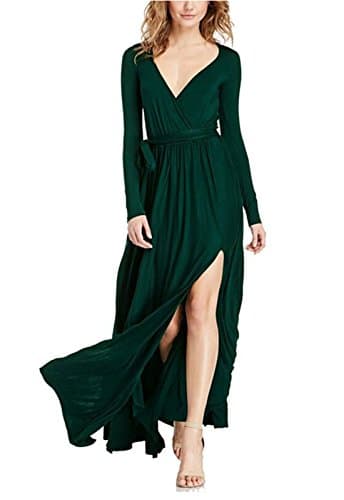 Maxi Dress Women's Long Sleeve Deep V-Neck Split Side Prom Evening Gown Dress With Belt Dark Green XL
