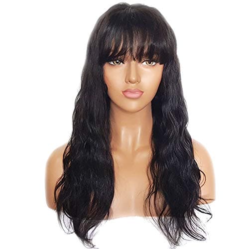 Wavy Lace Front Wigs with Bangs 130% Density Glueless Long Human Hair Wigs with Bangs Natural Black Brazilian Human Hair Wigs for Black Women, 16 Inches, Average