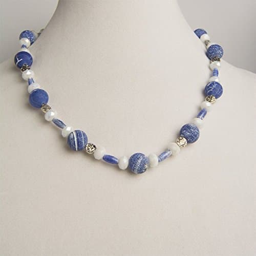 Marbled Matt Blue Agate Balls with Polished Oblong Fired Blue Agate and Milky White Faceted Glass Donuts Necklace and Earring Set