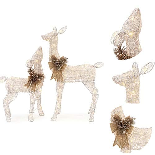 Holiday 2 Pre Lit LED Lighted White PVC Deer 36" and 28" Doe Yard Art