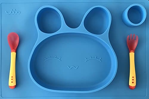 Moms Trust Silicone Placemat Compartment Plate with Silicone Spoon Fork for Babies and Toddlers - Portable Non Slip Meal Prep for Kids that Suctions to Tables Bunny Shape (Blue)