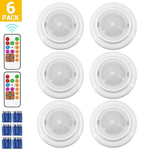 Wireless LED Closet Lights, RGB Color Changing Puck Light with Remote Control, Touch Sensor LED Night Light, Battery Operated Under Cabinet Light - 6 Pack