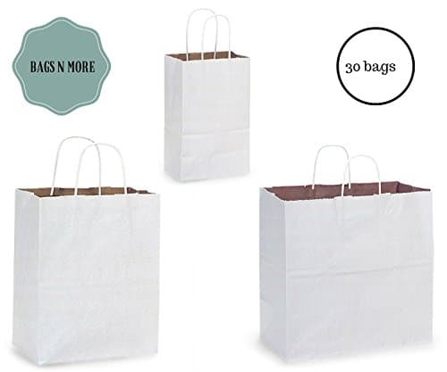 White Kraft Paper Gift Bags with Handles Assorted Small and Medium Size Bags (Mixed 3 Sizes 30 Count)