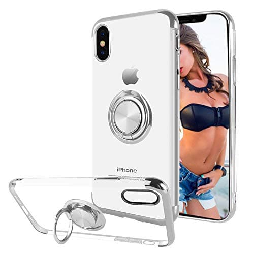 Cute Cover for iPhone XR Cases Clear Thin Soft TPU Case Built Magnetic Kickstand Ring Holder-Silver