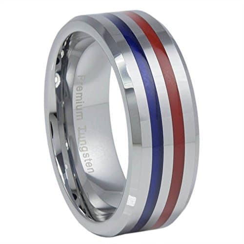 Thin Blue Line Tungsten Carbide Ring Red and Blue 8MM Flat Profile with Beveled Edges (11)
