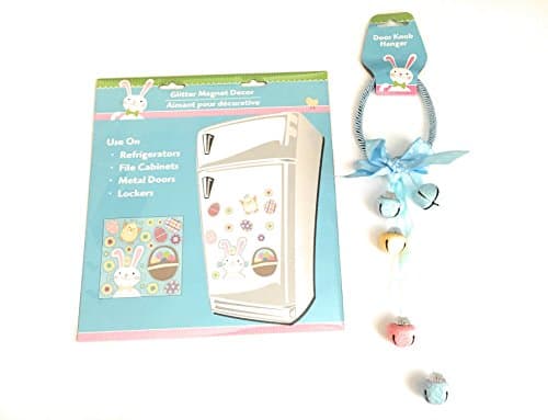 Egg-Shaped Pastel Easter Door Hanger with Bells SET, 12 in. BLUE with Glitter Easter Magnet Door Decoration