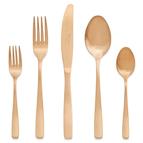 Vistella 5-Piece Matte Rose Gold Copper Dinnerware / Flatware Set - Premium Quality Silverware made of Fine Stainless Steel Metal - Elegant Modern & Luxury Design Cutlery for Everyday Casual Use