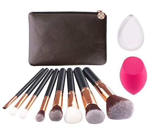 MEYSHAR Makeup Brushes Set with Case&Concealer Sponge&Silicone Sponge Brush Egg (8+2pcs ,Dark Brown)