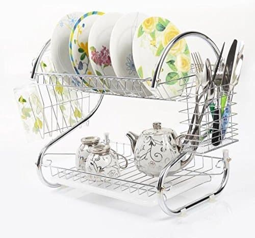 2 Tiers Kitchen Dish Cup Drying Rack Drainer Dryer Tray Cutlery Holder Organizer