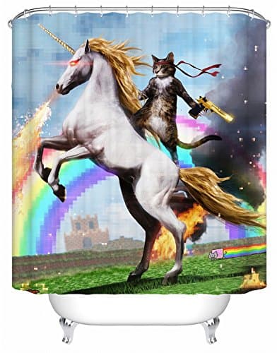 Xboon Cute Cat Riding Horse Pixel Rainbow Fire Print Polyester Fabric Antibacterial Waterproof Shower Curtain (60"W x 72"H)