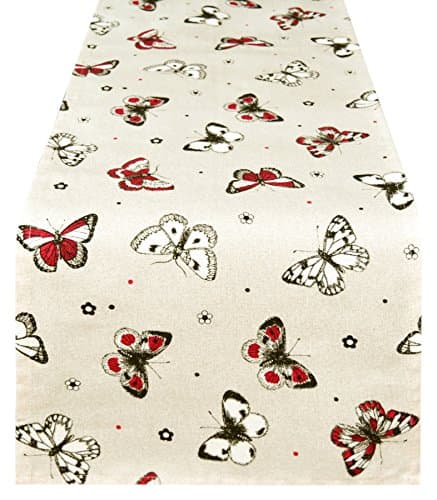 Lashuma® Red Butterfly Decorative Kitchen Collection – Table Cloth, Runner, Apron, Oven Mitt, Pot Holder, Placemat Bread Basket Cushion, Tea Towel, 100% Cotton, beige / red, Tischläufer 120 x 30 cm