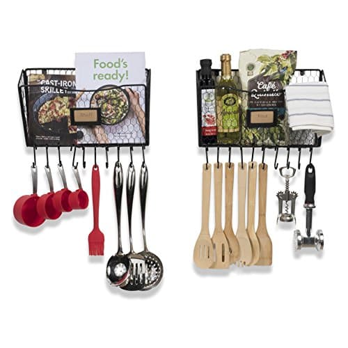 WALL35 Hanging Kitchen 2 Chicken Wire Basket with 20 Hooks - Farmhouse Decor – Wall Mounted Organizer Rack - Utensil Storage Solution Black