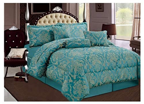 D & N Luxury Jacquard 7Pcs Bedspread Comforter Bedding Bed Sets Bedspread Pillow Cases Valance Sheet Filled Cushion Filled Decorative Pillow Filled Neck Roll Bedroom Decoration (Teal, King)