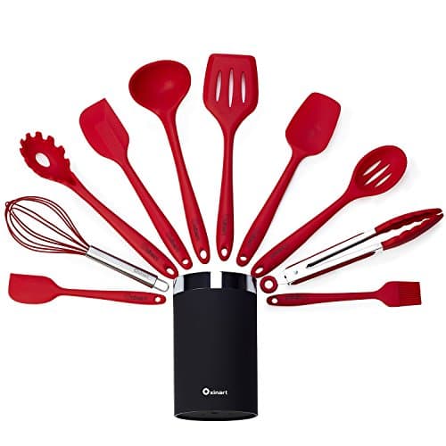 Oxinart 11 Piece All-in-one Silicone Kitchen Utensils Set with Holder. Cooking Utensils Set. Free eBook. (Red)