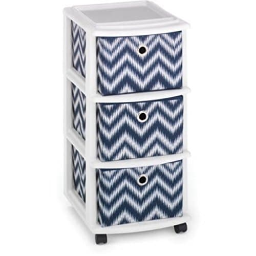 Plastic Frame with 3 Sturdy Fabric Blue Chevron Drawers Mobile Organizer