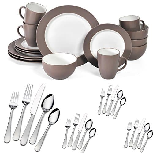 16-Piece Beige/White Stripe Harmony Taupe Stoneware Dinnerware Set (Service For 4) And 20-Piece Stainless Steel Satin Symmetry Flatware Set (Service For 4)