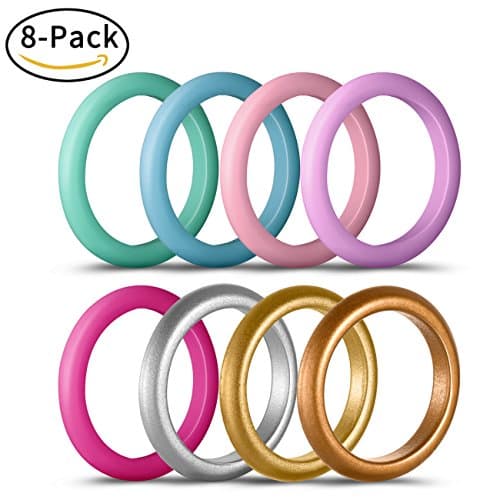 Coomammy Silicone Wedding Rings for women, Thin and Stackable Flexible and Comfortable silicone rings-8 Pack,Enjoy your life-the best gift choice, size 7 (17.3mm)