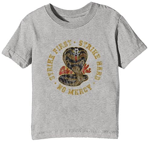 Cobra Kai - Strike First - Strike Hard - No Mercy - HD Distressed Variant 3 Kids Unisex Boys Girls T-Shirt Grey Tee Crew Neck Short Sleeves