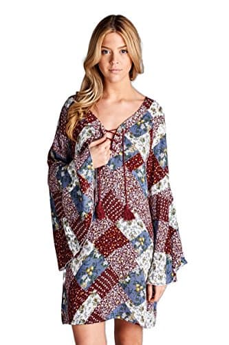 Velzera Multi Floral Patchwork Print Tunic Dress Boho Chic Reg & Plus Size (Small, Red)