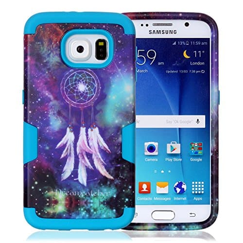 S6 Case, Galaxy 6 Case, ARTMINE Galaxy Dream Catcher Durable Shockproof Hybrid Three Pieces Layers 3 in 1 High Impact Tough Rugged Soft TPU Silicon Bumper Frame + Hard Plastic Back Full Body Protective Stand Case Cover Heavy Duty Skin Armor Combo Defender Case Compatible for Samsung Galaxy s6 Verizon, AT&T, Sprint, T-Mobile Blue Frame