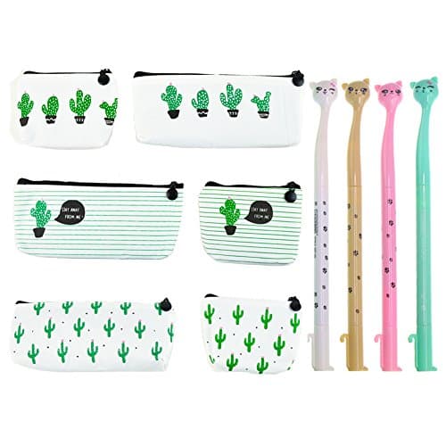 Someamy 6 PCS Printed Cactus Pencil Case, Canvas Pencil Case Pouch Purse Bag Large Capacity Stationary & Cosmetic Makeup Bag with 4 Pcs Cute Pens