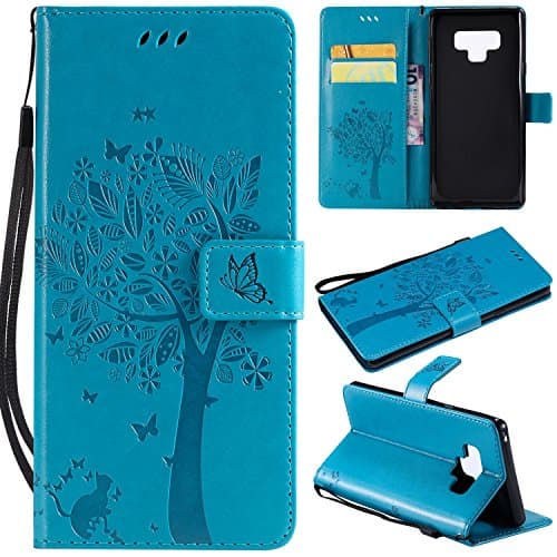 Galaxy Note 9 Case, Lacass Luxury PU Leather Flip Pouch Wallet Case Cover with Card Slots and Wrist Strap for Samsung Galaxy Note 9 (2018) (blue)