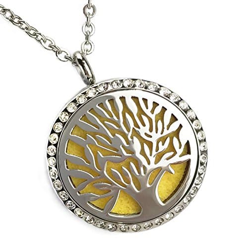 Sweet Soul Designs Aromatherapy Necklace Locket Diffuser for Essential Oils - Stainless Steel Tree of Life Design with Crystals, Adjustable Chain