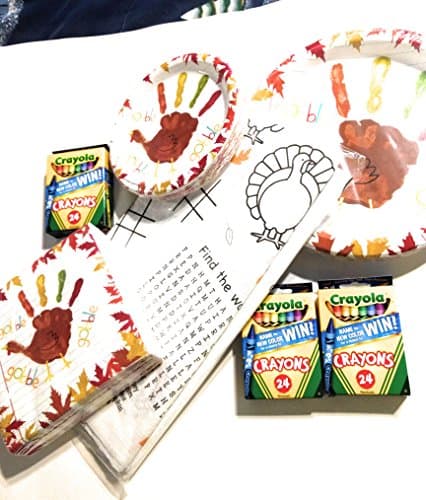 Kids Thanksgiving Table Bundle of 5 Items-Activity Tablecloth, Plates,Napkins,Dessert Plates, Crayons (18) Guests