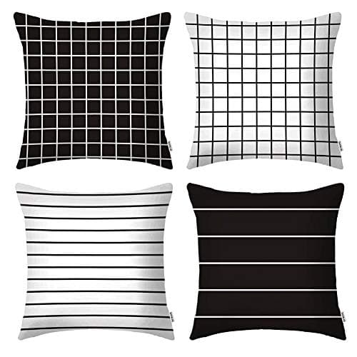 DANLIA Couch Decorative Throw Pillow Covers, Black White Grid Strip Velvet Farmhouse Geometric 18x18 Cushion Cases,The Office Merchandise Gift Apartment Decor Set of 4