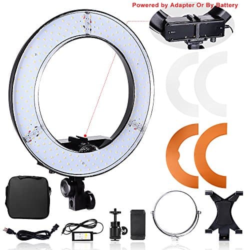 Hakutatz Portable Dimmable 14 inches LED Ring Light 42W Powered by Adapter Or By Battery Camera Photo Video 5500K Kit with Bag,Filter Set,Swivel Ball Head,Cellphone Clip Holder,iPAD Clip Holder,Mirror