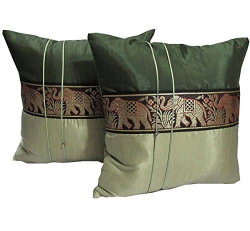 One Pair Big Elephant Stripe Throw Cushion Cover/Pillow Case Thai Silk for Decorative Sofa, Car and Living Room Size 16 X 16 Inches (Green)