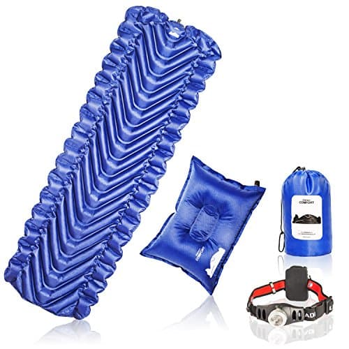 Sleeping Pad For Camping lightweight Inflatable For Backpacking Outdoors by Perfect Comfort – BONUS Pillow & Headlamp Flashlight, 51 Pages Ebook – Best For Sleeping Bags, Hammocks, Thermarest