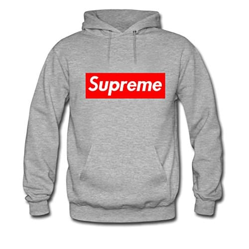 Men's Cool Supreme Logo Printed Pullover Hoodies Large Grey