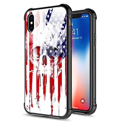 iPhone X Case,iPhone Xs Case,Slim Tempered Glass Back Cover Silicone Bumper Frame Shockproof Anti-Scratch Cover Case for Apple iPhone X/XS Skull Head American Flag