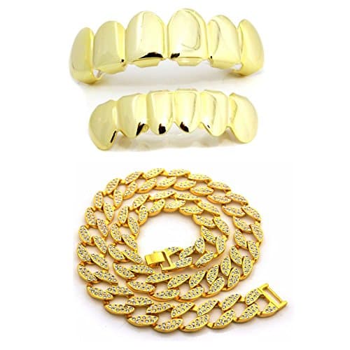 24k Gold Plated Top & Smaller Bottom Set Teeth Grillz + 2 Row Iced Out Chunky Cuban Link Chain Set