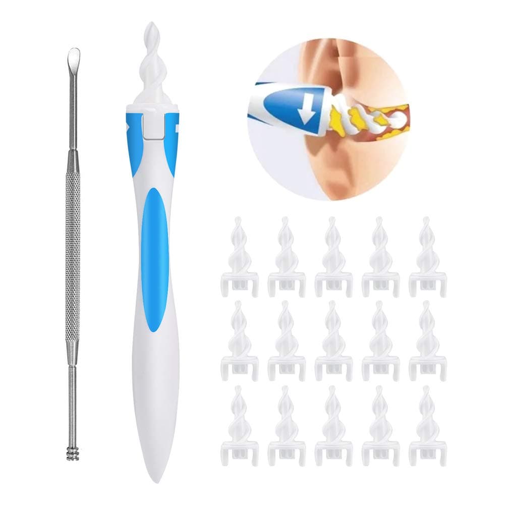 Find Back Multifunctional Smart Ear Cleaner Easy Ear Wax Remover Spiral Earwax Swab Soft Removal Tool Kit with 16 Pcs Silicone Replacement Heads and 1 Stainless Steel Earpick (Set-A)