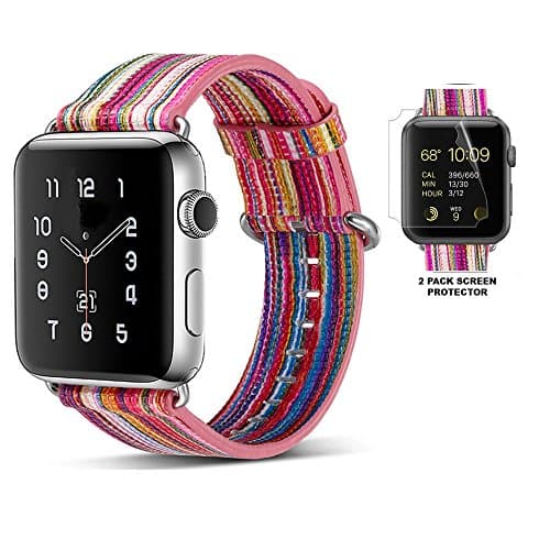 Apple Watch Band 42mm, Multicolored Stripe Pattern Genuine Leather Set with Bonus Screen Protector by Palestrapro. iWatch Replacement Band for Series 1,2,3. Vibrant and Youthful Choice. A Gift Idea.