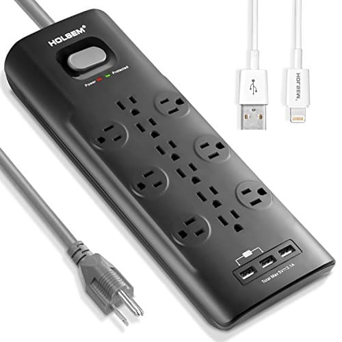 HOLSEM 12 Outlets Surge Protector Power Strip with 3 USB Charging Ports (5V/3.1A) and 6' Heavy Duty Extension Cord, Black, One HOLSEM USB Lightning Cable for iPhone, iPod, iPad