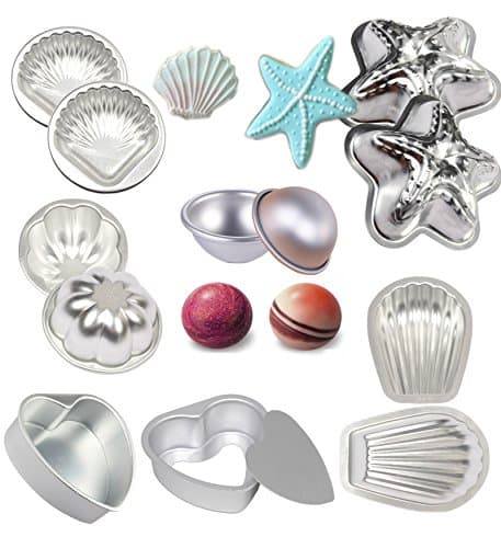6 Set 12Pieces 6 Style Mold with 2 Shell Shape,2 Hemispheres,2 Heart Shape, 2 Starfish Shape,2 Scallop Shape,2 Flower Shape Cake Pan Molds,DIY Metal Bath Bomb Mold with , Aluminum