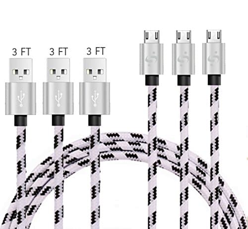 SyncTech Soft Premium Braided Nylon Tangle-Free 3 Feet Micro-USB Cable Durable High-Speed Syncing/Charging for Android, Samsung, Kindle, Windows, Controllers, Tablets, etc. (2.) 3 Pack - White)