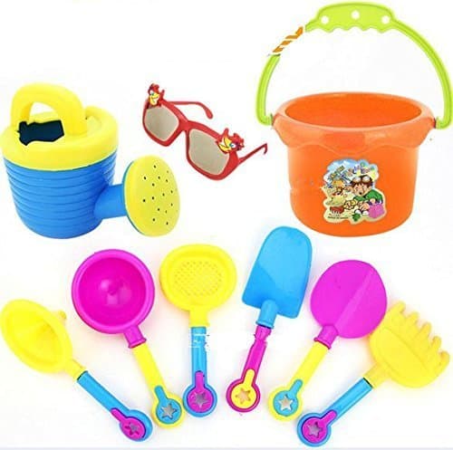 Beach Sand and Water Castle Builder Set, Includes Kids Sunglasses, Bucket, Flower Pot Watering Can, Rake, Shovel, Spade, Scoop, Funnel, Sieve. (9 Pieces) Designed for Toddlers 9 Months and up by Game On LLC. It's Time to Play!