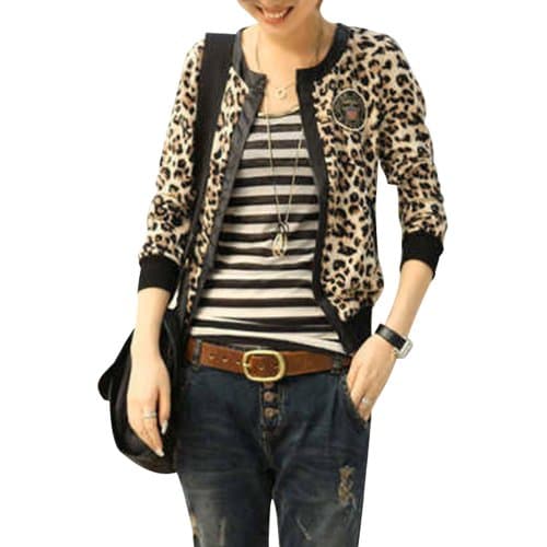 Chuangmei Womens Leopard Pattern Slim Cardigan Short Jackets
