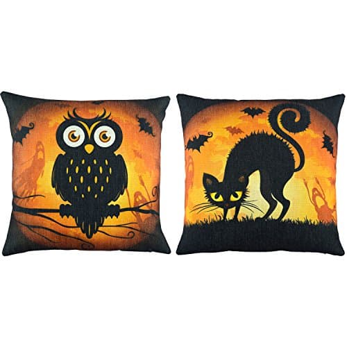 Elyhome 2 Pack 18x18 Halloween Decorative Square Cushion Throw Pillow Covers Black Cat and Owl