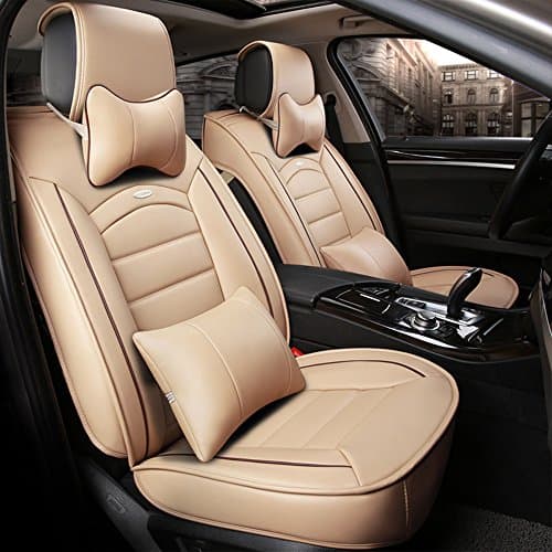 AUTURN Luxurious Compatible Universal Full Set PU Leather Fabric Front Rear Car Seat Cushion Covers Protectors for Most 5 Seats Vehicle Car Van (Beige)